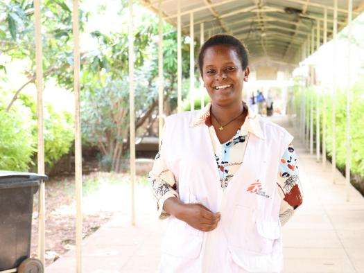 Health promotion officer Teka in front of Abiy Adi Hospital in Ethiopia. 