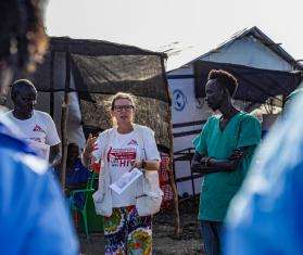 MSF staff meet before changing shifts at the cholera treatment center in Malakal, South Sudan.