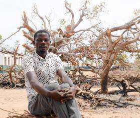 A displaced man sits in front of a tree in Mozambique. 