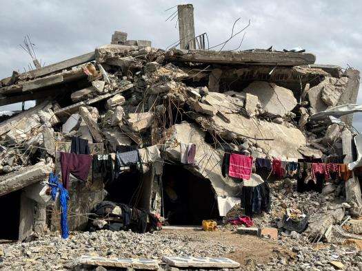 A Palestinian family's makeshift shelter built on the ruins of their destroyed home in Beit Lahia, northern Gaza.