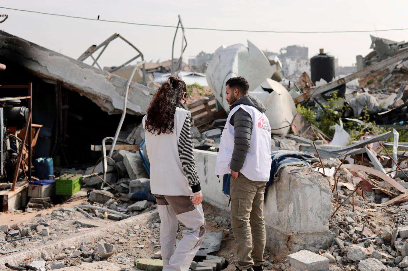 MSF water and sanitation engineers assess water pipes in Beit Lahia, northern Gaza.