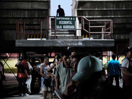 Displaced persons gather in a stadium in Colombia. 