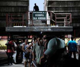 Displaced persons gather in a stadium in Colombia. 