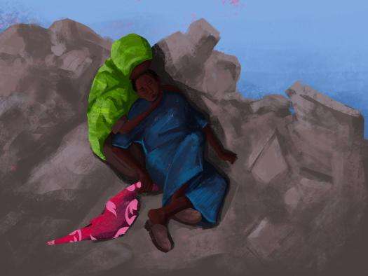 Illustration of woman comforting another woman lying on the road in Sudan. 