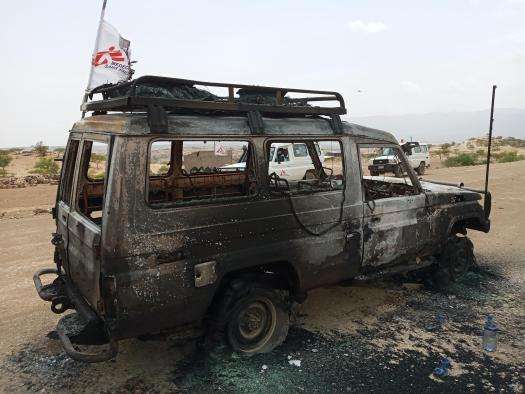 The car MSF staff were traveling in when they were killed in Tigray, Ethiopia, in 2021.