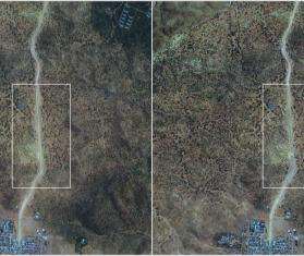 From left: A satellite image of Ethiopia taken on June 26, 2021, of a stretch of road south of where MSF's slain colleagues were found, showing a series of vehicles in tight linear formation; the same stretch of road pictured on June 22, 2021, cleared of vehicles.