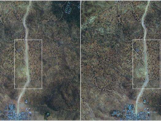 From left: A satellite image of Ethiopia taken on June 26, 2021, of a stretch of road south of where MSF's slain colleagues were found, showing a series of vehicles in tight linear formation; the same stretch of road pictured on June 22, 2021, cleared of vehicles.
