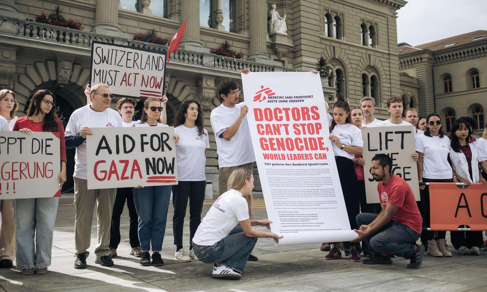 MSF staff mobilize for Gaza in front of the Parliament in Bern, Switzerland.