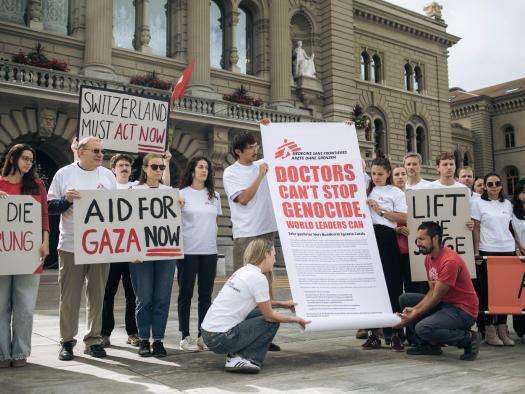 MSF staff mobilize for Gaza in front of the Parliament in Bern, Switzerland.