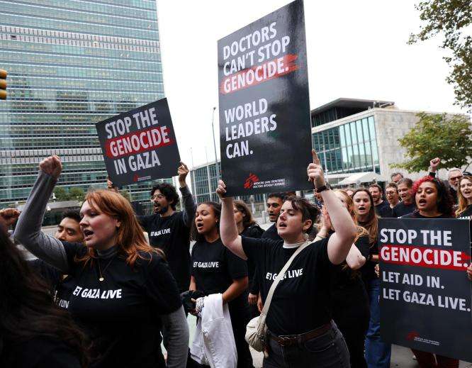 MSF USA staff, medical aid workers, and supporters gather in front of UN headquarters in New York during the September 2025 session of the General Assembly to call on world leaders to take urgent action to stop the genocide in Gaza.