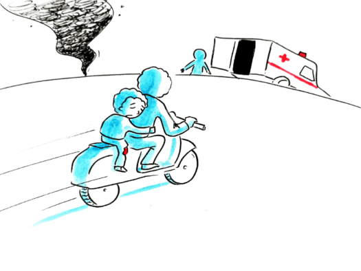 Illustration of a mother taking her injured child on a motorbike in Gaza. 