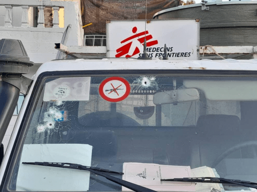 An MSF vehicle with bullet holes in the window in Haiti. 