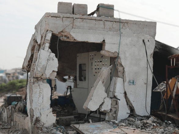 A partially damaged borehole operated with electricity from car batteries in Beit Lahia, Gaza.