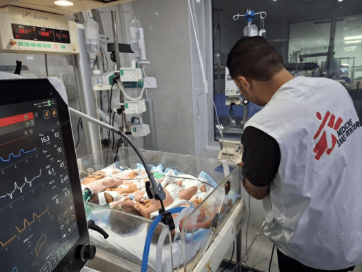 Premature babies share an incubator in northern Gaza, Palestine. 