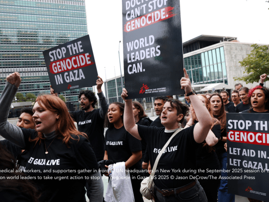 MSF USA staff, medical aid workers, and supporters gather in front of UN headquarters in New York during the September 2025 session of the General Assembly to call on world leaders to take urgent action to stop the genocide in Gaza.